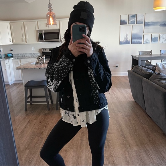 West Side Black Bandana Distressed Denim Jacket - Picture 8 of 14